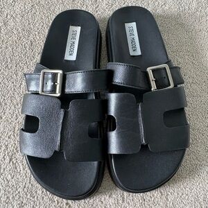 Steve Madden Mayhem Black Leather Slide Platform Chunky Buckle Sandals